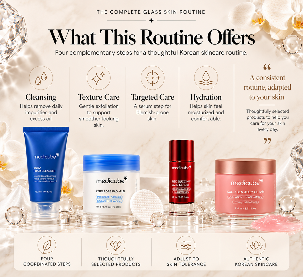 Medicube Glass Skin Routine Bundle infographic showing four Korean skincare products: Zero Foam Cleanser, Zero Pore Pad Mild, Red Succinic Acid Serum 30ml, and Collagen Jelly Cream 110ml. Highlights cleansing, texture care, targeted care, and hydration.
