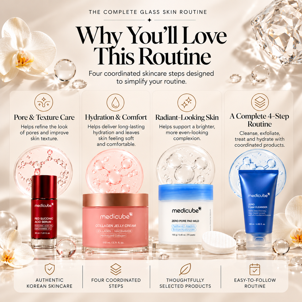 Medicube Glass Skin Routine Bundle infographic featuring four Korean skincare products: Red Succinic Acid Serum, Collagen Jelly Cream 110ml, Zero Pore Pad Mild, and Zero Foam Cleanser, highlighting pore and texture care, hydration, radiant-looking skin, and a complete four-step routine.