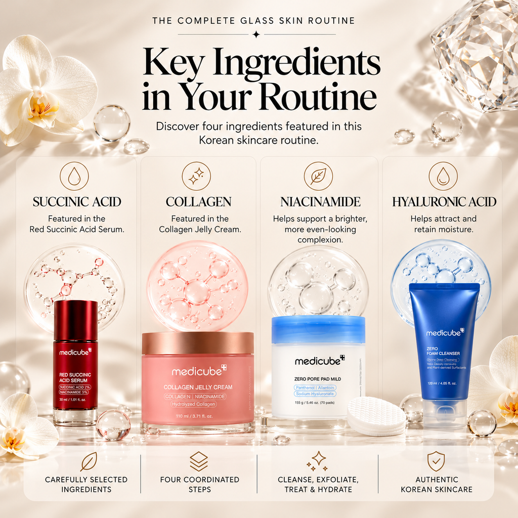 Medicube Glass Skin Routine Bundle ingredient infographic featuring Succinic Acid, Collagen, Niacinamide, and Hyaluronic Acid alongside four Korean skincare products: Red Succinic Acid Serum, Collagen Jelly Cream 110ml, Zero Pore Pad Mild, and Zero Foam Cleanser.