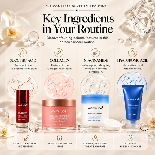 Medicube Glass Skin Routine Bundle ingredient infographic featuring Succinic Acid, Collagen, Niacinamide, and Hyaluronic Acid alongside four Korean skincare products: Red Succinic Acid Serum, Collagen Jelly Cream 110ml, Zero Pore Pad Mild, and Zero Foam Cleanser.