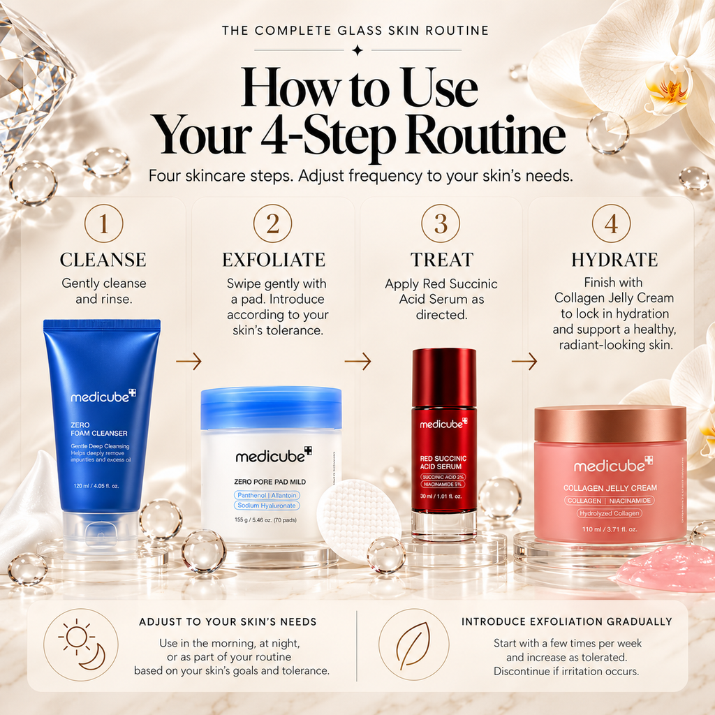 Medicube Glass Skin Routine Bundle four-step skincare guide featuring Zero Foam Cleanser, Zero Pore Pad Mild, Red Succinic Acid Serum 30ml, and Collagen Jelly Cream 110ml, with instructions for cleansing, exfoliating, treating, and hydrating.