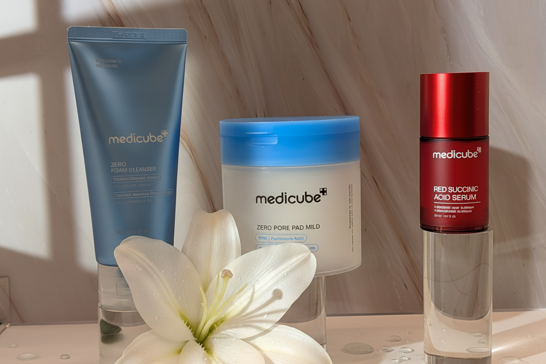 Medicube Glass Skin Starter Kit displayed together, including cleanser, toner pads, and serum for a simple daily glass skin routine.