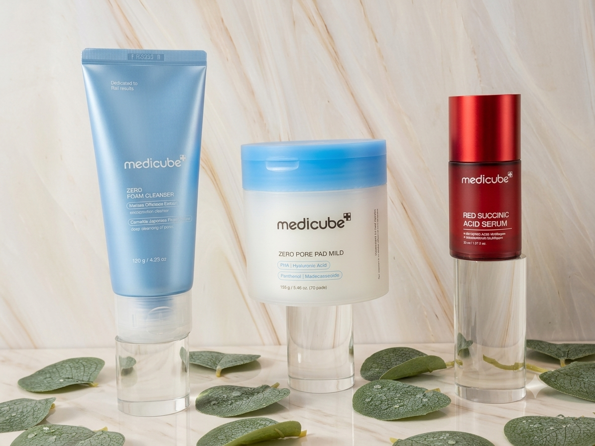 Glass Skin Starter Kit featuring Medicube Zero Foam Cleanser, Zero Pore Pad Mild, and Red Succinic Acid Serum for a complete 3-step Korean skincare routine.