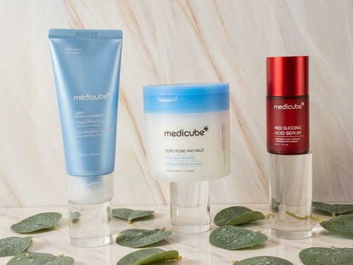 Glass Skin Starter Kit featuring Medicube Zero Foam Cleanser, Zero Pore Pad Mild, and Red Succinic Acid Serum for a complete 3-step Korean skincare routine.