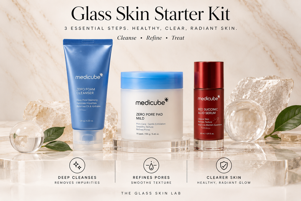 Glass Skin Starter Kit with Medicube Zero Foam Cleanser, Zero Pore Pad Mild and Red Succinic Acid Serum