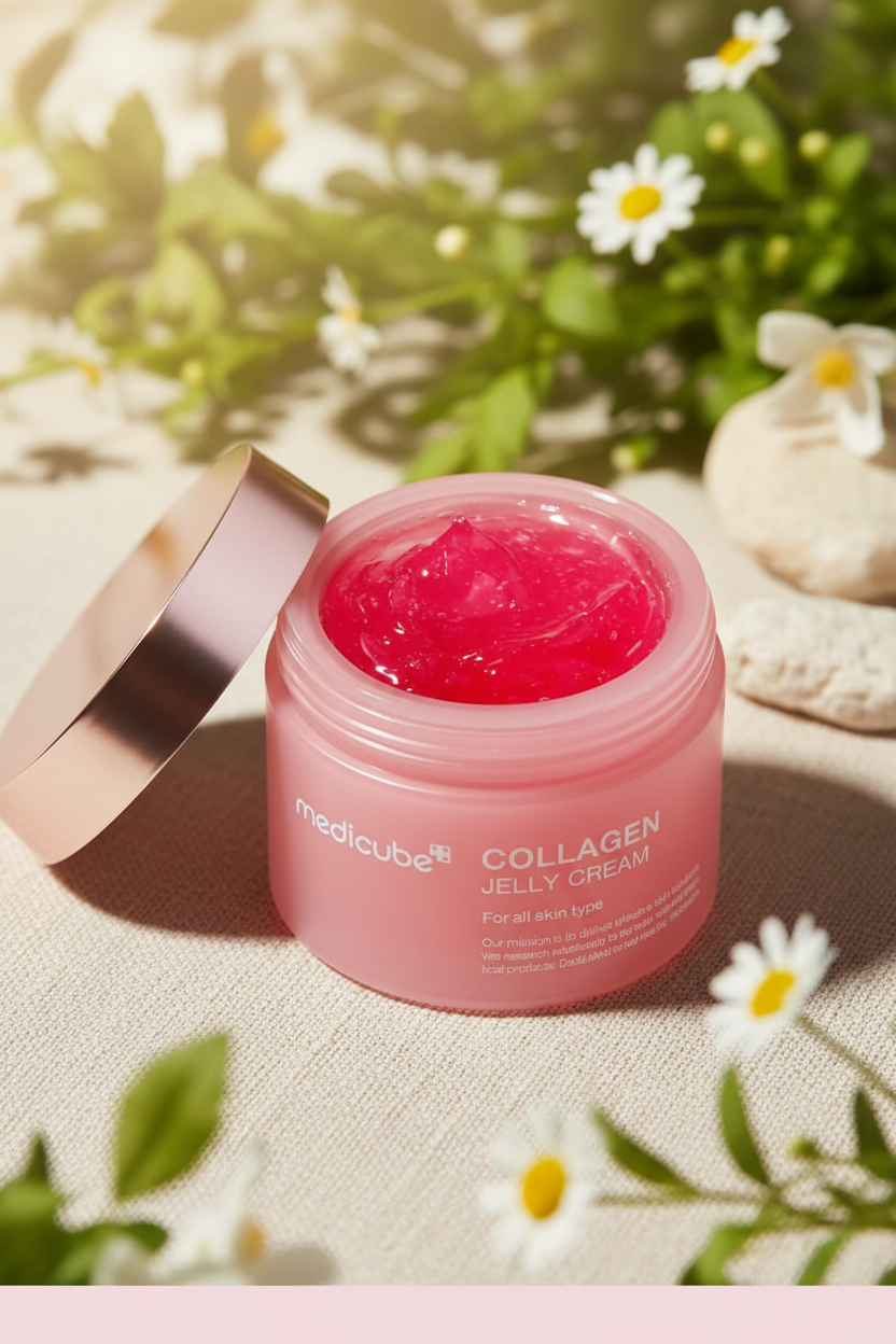 Medicube Collagen Jelly Cream (50ml) Korean glass skin moisturizer with Triple Collagen and Hyaluronic Acid, shown in an open jar surrounded by flowers for a hydrating skincare lifestyle display.