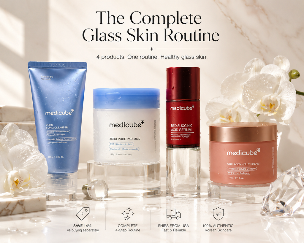 Medicube Glass Skin Routine Bundle featuring Zero Foam Cleanser, Zero Pore Pad, Red Succinic Acid Serum, and Collagen Jelly Cream.