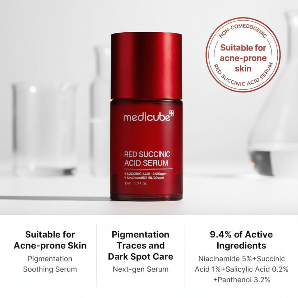 Medicube Red Succinic Acid Serum highlighting acne care benefits, blemish reduction, pore refinement, and soothing ingredients for clearer skin.