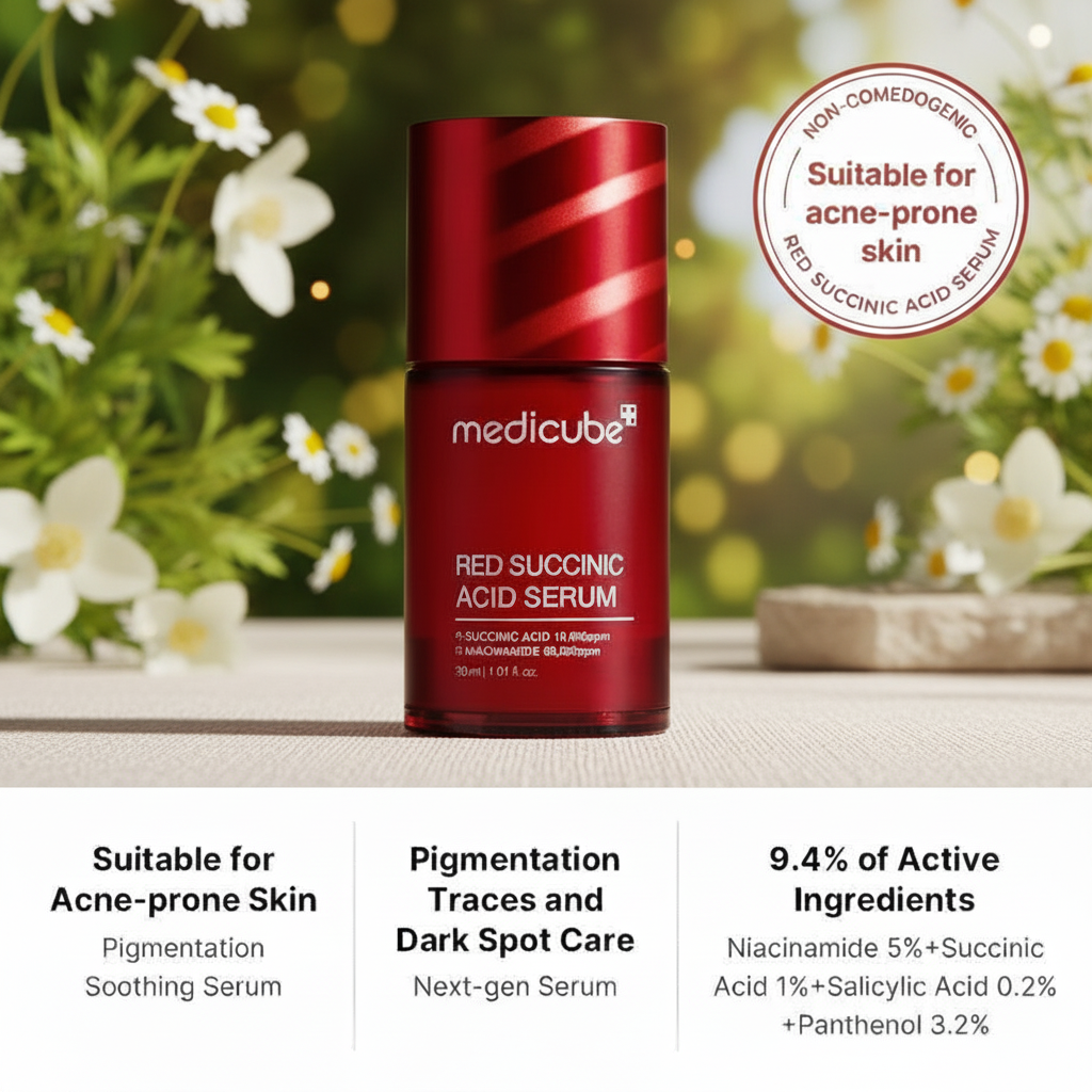 Medicube Red Succinic Acid Serum featuring succinic acid, niacinamide, centella asiatica, and salicylic acid for clearer, healthier-looking skin.