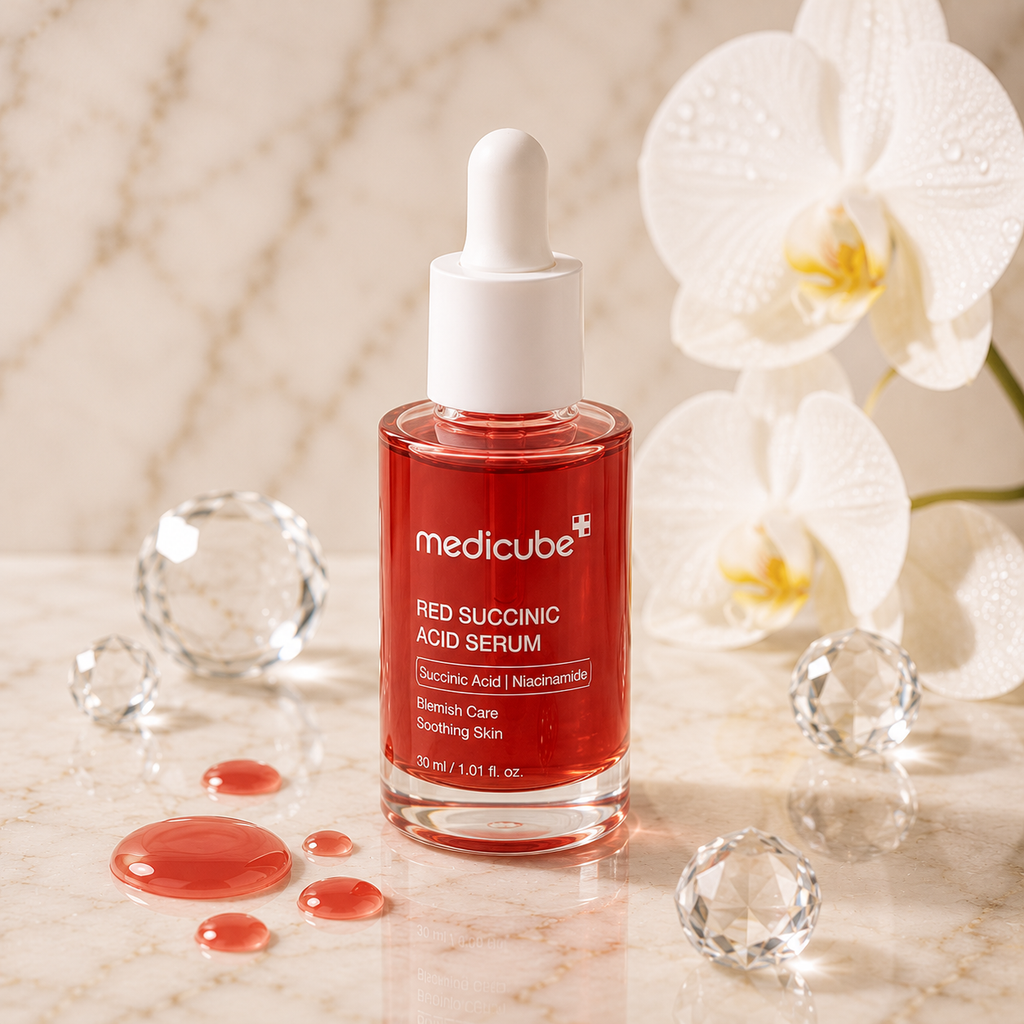 Medicube Red Succinic Acid Serum with niacinamide and centella asiatica for acne-prone skin, helping reduce blemishes, redness, and enlarged pores.