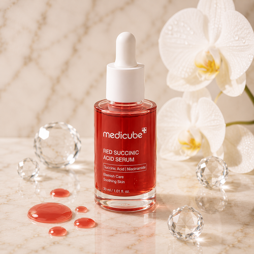 Medicube Red Succinic Acid Serum with niacinamide and centella asiatica for acne-prone skin, helping reduce blemishes, redness, and enlarged pores.