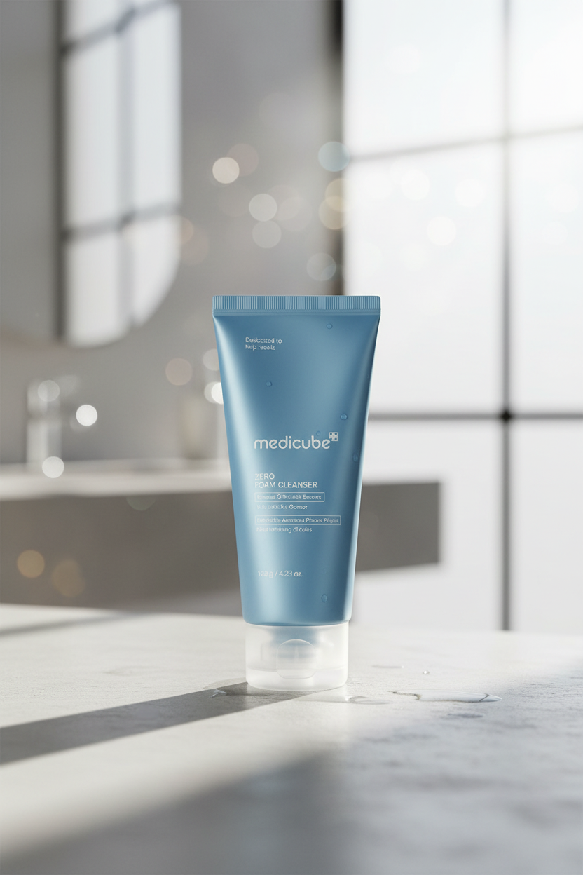 Medicube Zero Foam Cleanser low-pH facial cleanser displayed on a bathroom countertop, highlighting a gentle daily Korean skincare routine for clean, balanced skin.