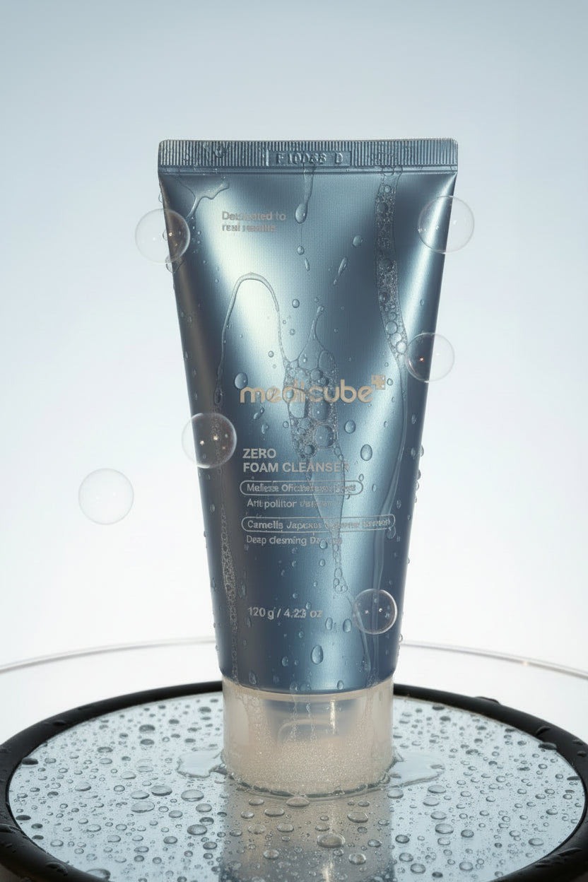 Medicube Zero Foam Cleanser low-pH Korean facial cleanser with water droplets, highlighting gentle cleansing, pore care, and daily hydration.