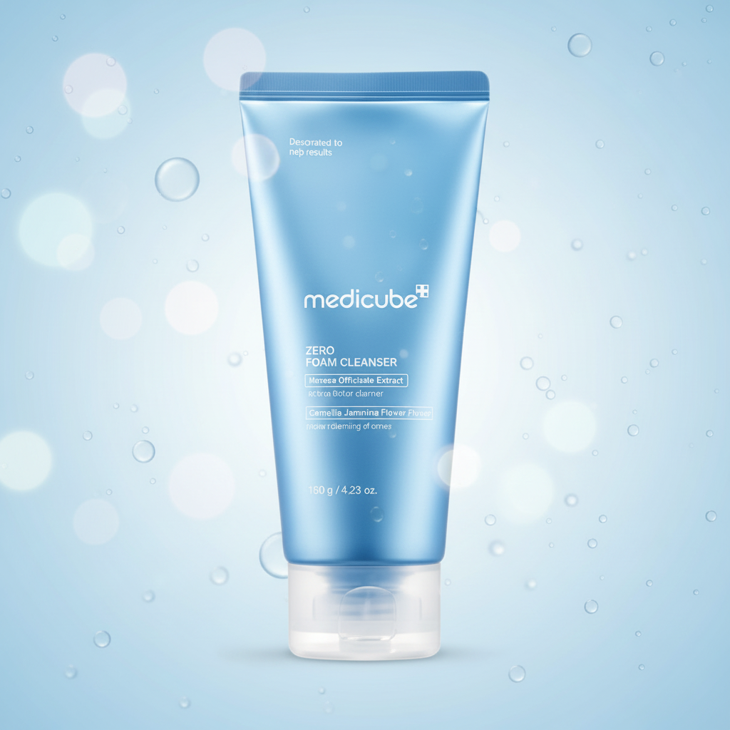 Medicube Zero Foam Cleanser low-pH Korean facial cleanser on a blue background with water droplets, designed for gentle daily cleansing and pore care.
