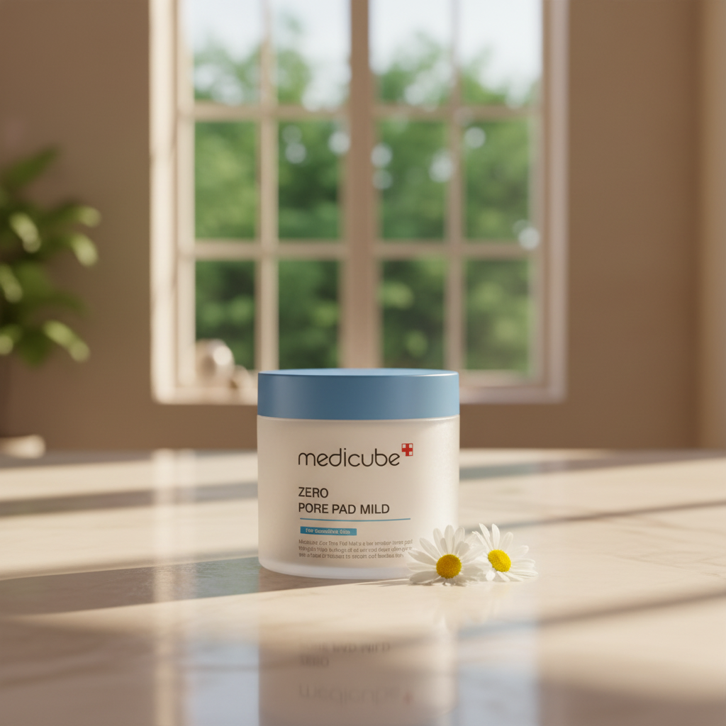 Medicube Zero Pore Pad Mild toner pads displayed on a bathroom countertop, highlighting a gentle Korean skincare routine for smoother, clearer skin.