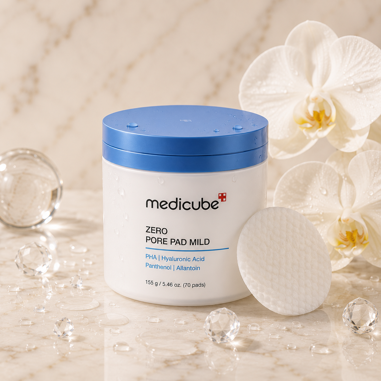 Medicube Zero Pore Pad Mild gentle exfoliating toner pads with PHA and salicylic acid for sensitive skin, pore care, and smoother skin texture.