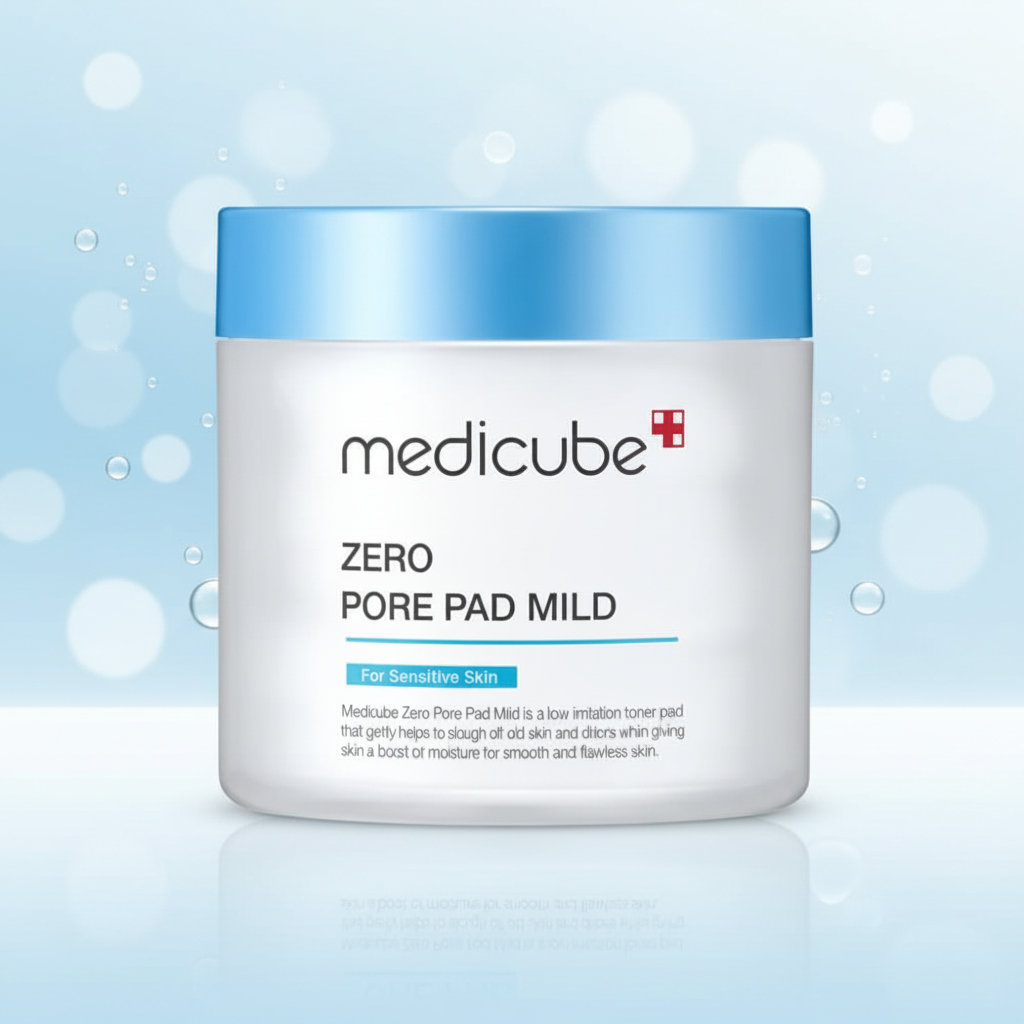 Medicube Zero Pore Pad Mild exfoliating toner pads on a blue background, formulated for gentle pore care and daily exfoliation for sensitive skin.